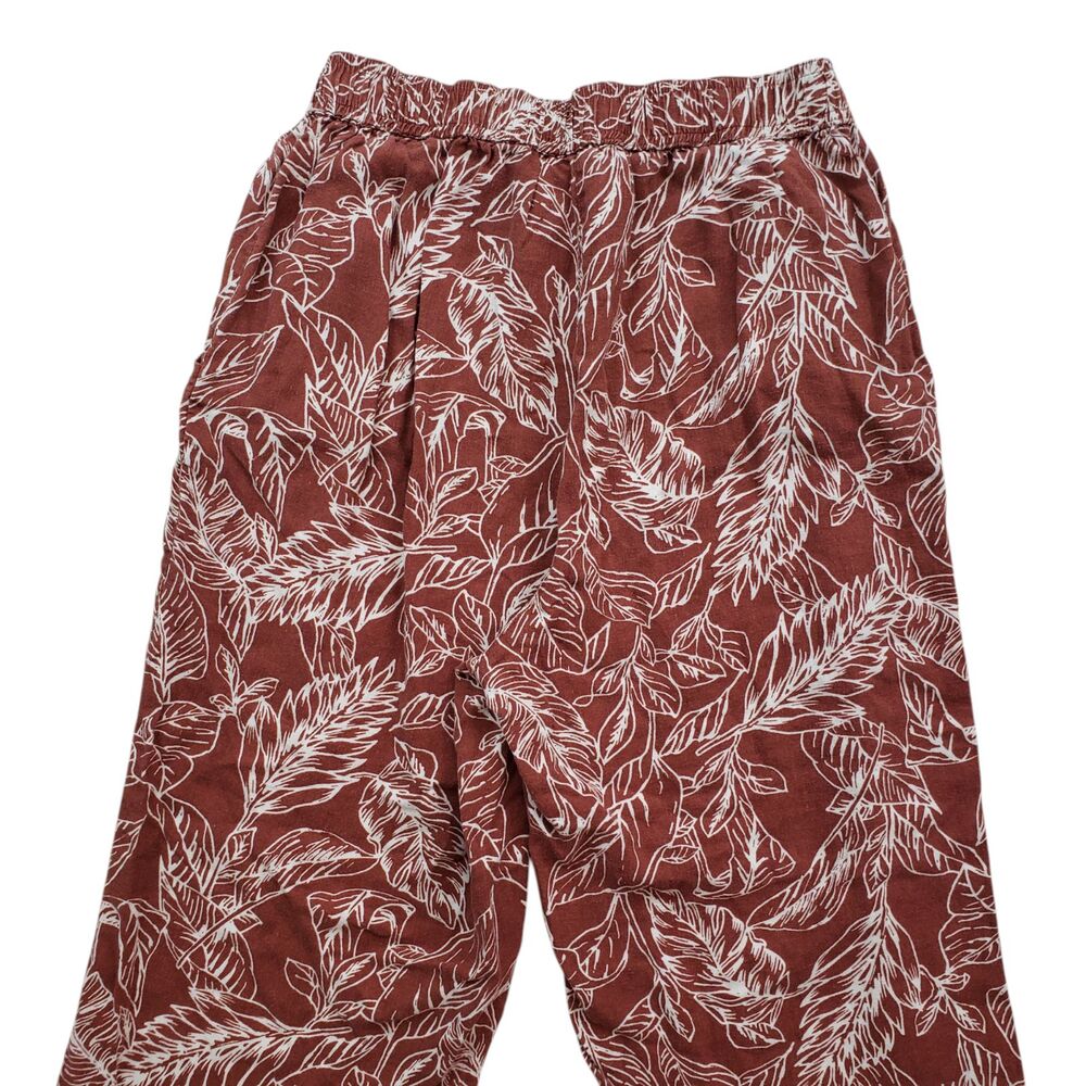 Cathy Linen Blend Pants Womens Small Rust Leaf Print Hawaiian Tropical Raw Hem - Picture 8 of 8
